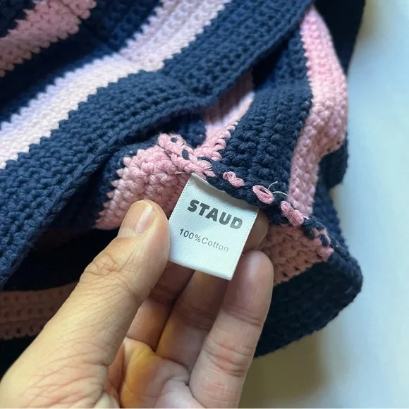 STAUD pink navy striped chunky knit crew neck short sleeve sweater top - Picture 6 of 6